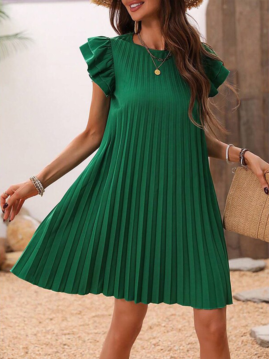 

StyleCast x Revolte Round Neck Flutter Sleeves Accordion Pleats A-Line Dress, Green