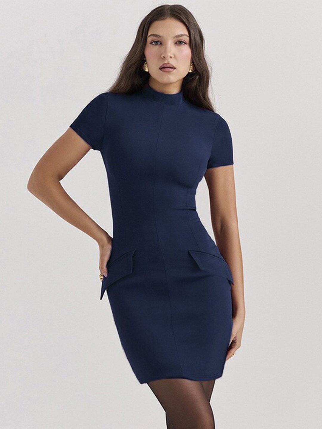 

StyleCast x Revolte Navy Blue Mock Neck Bodycon Dress