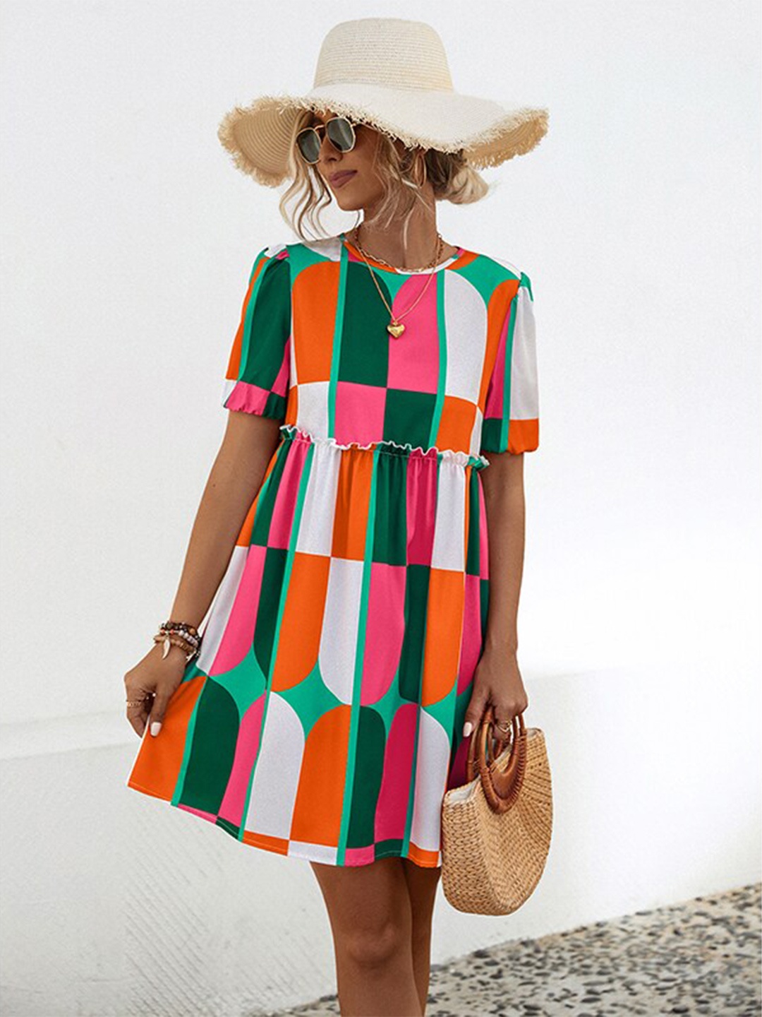 

StyleCast x Revolte Checked Round Neck Short Sleeves Layered A-Line Dress, Green