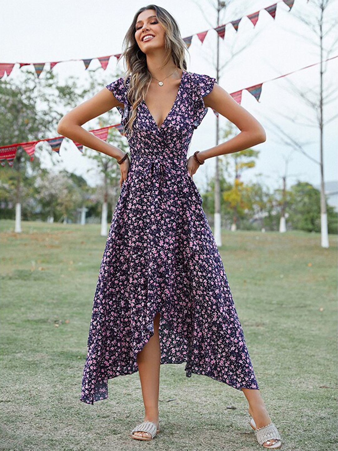 

StyleCast x Revolte Floral Printed Flutter Sleeves A-Line Maxi Dress, Navy blue