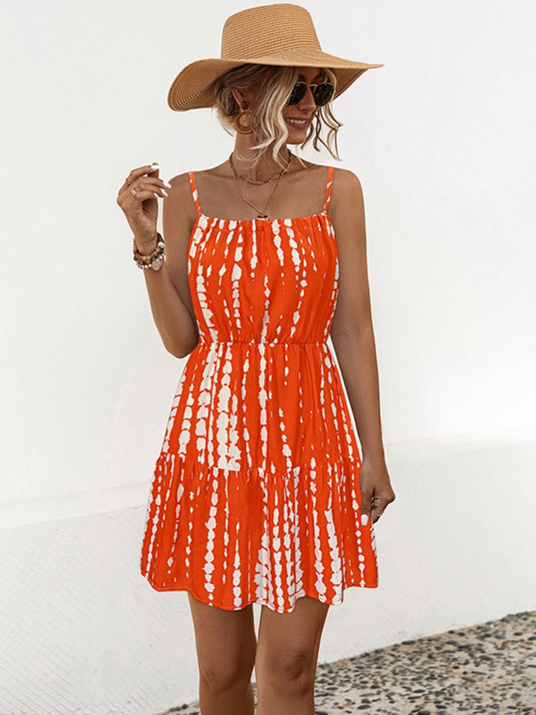 

StyleCast x Revolte Orange & White Tie and Dye Printed Fit & Flare Dress