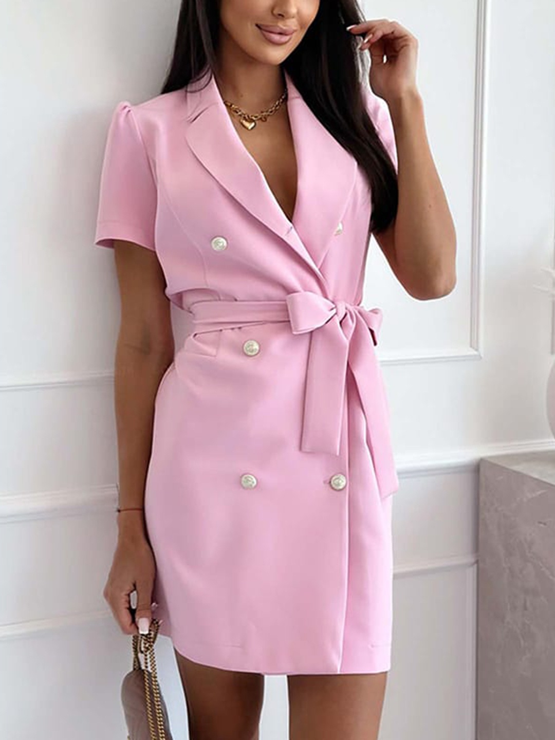 

StyleCast x Revolte Notched Lapel Collar Puff Sleeves Blazer Dress, Pink