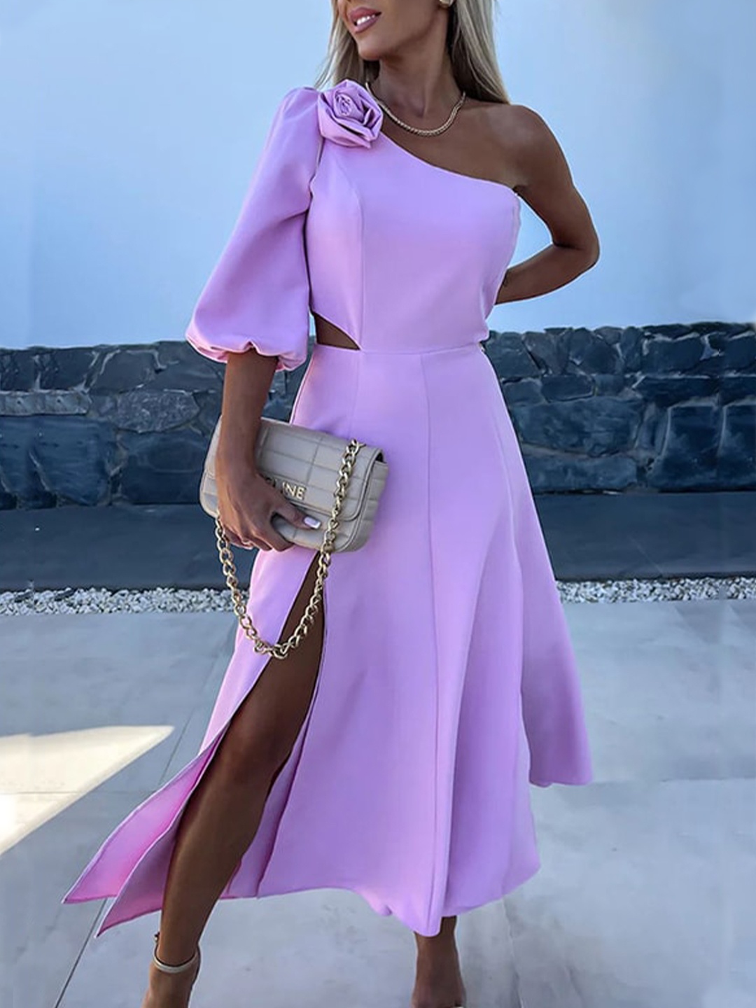 

StyleCast x Revolte Three-Quarter Sleeves One Shoulder Fit & Flare Maxi Dress, Purple