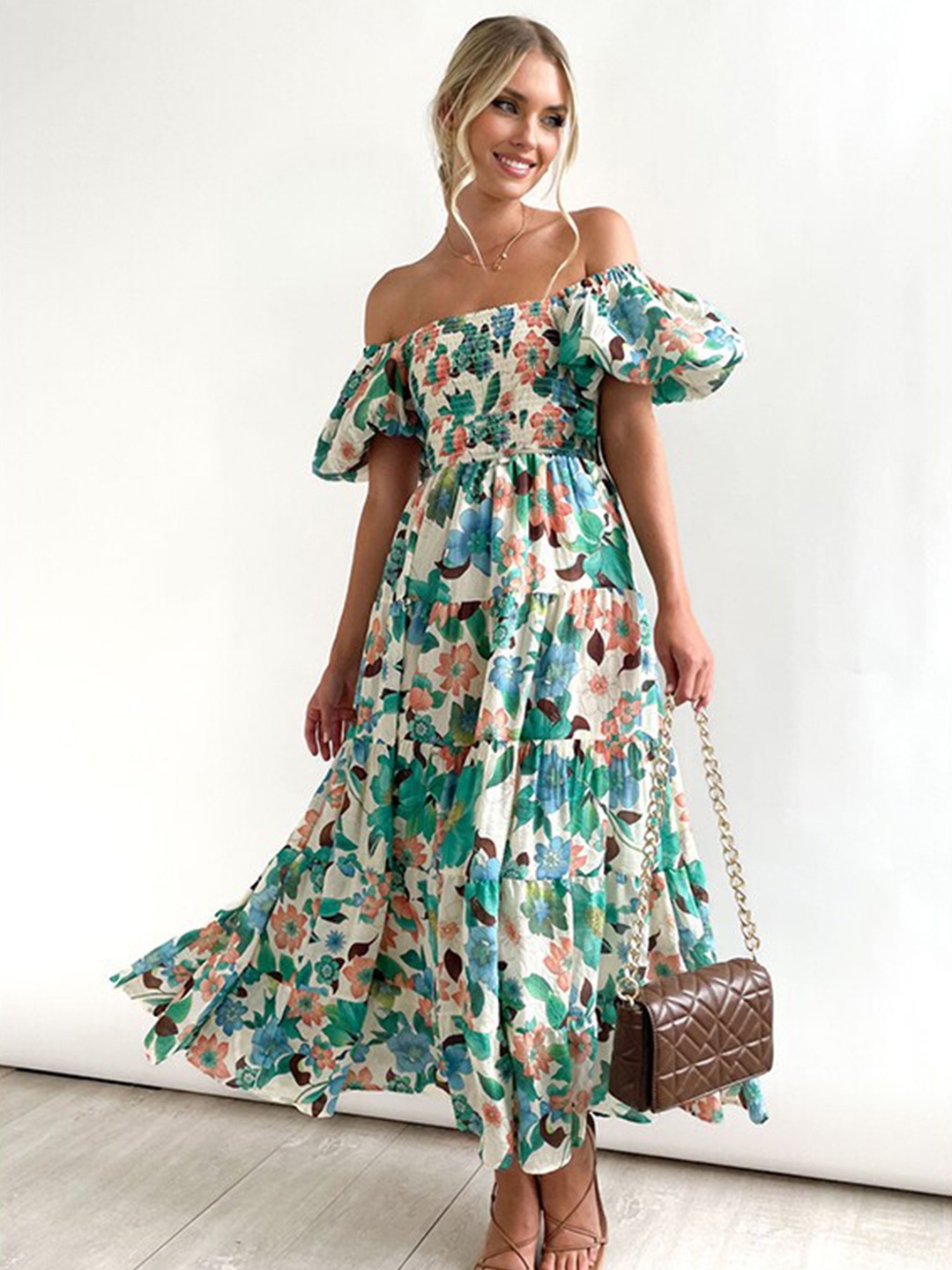 

StyleCast x Revolte Floral Print Off-Shoulder Flutter Sleeve Maxi Dress, Green