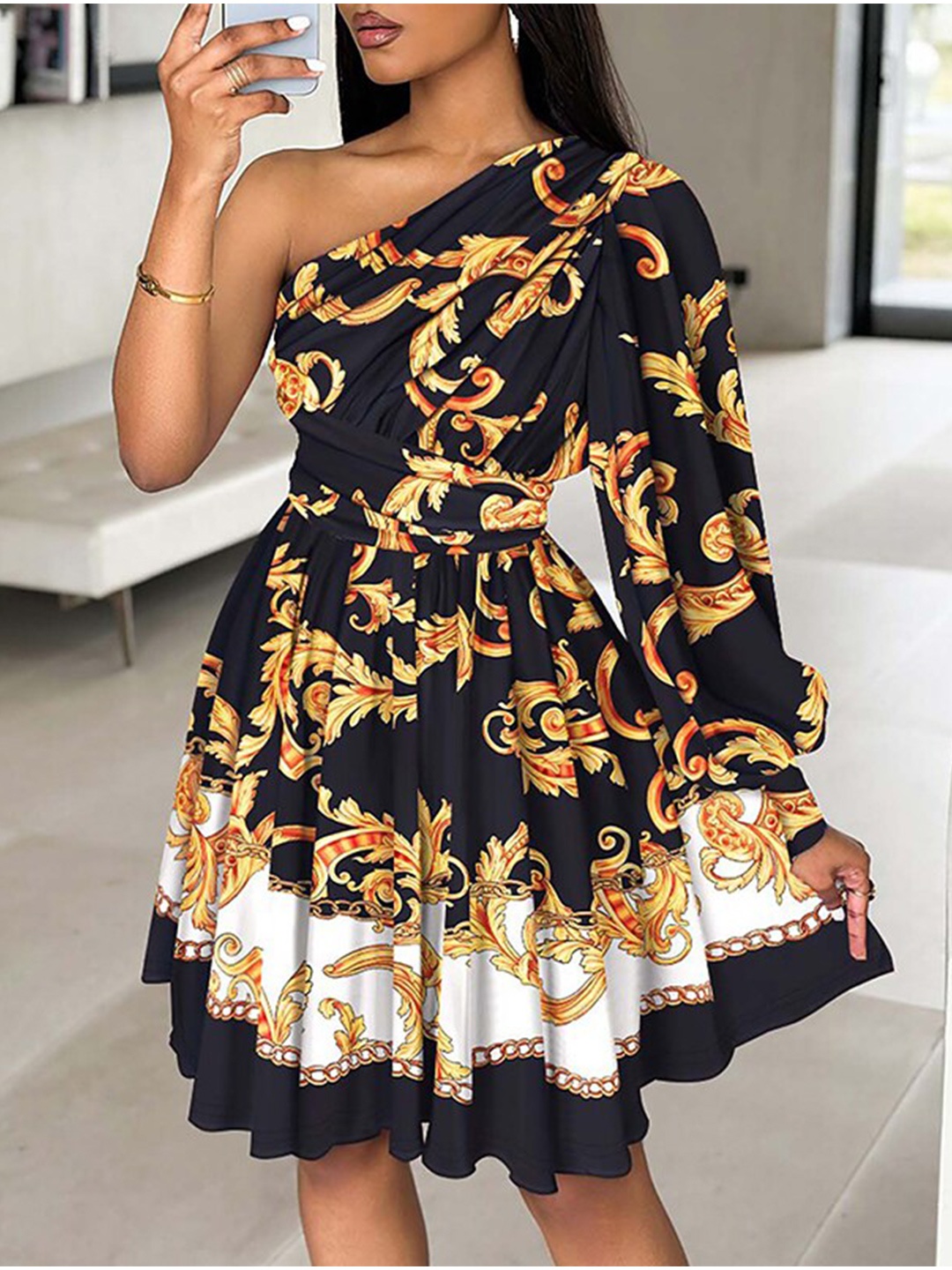 

StyleCast x Revolte Floral Printed One Shoulder Cuffed Sleeves Gathered Fit & Flare Dress, Black