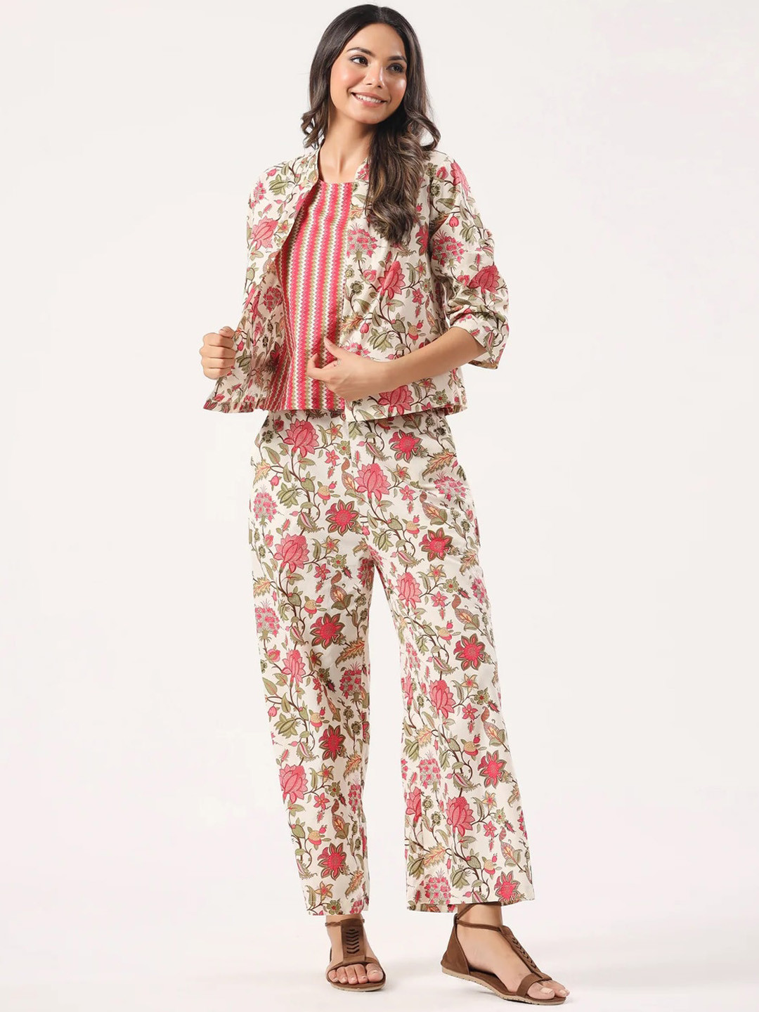 

Siya Fashion Printed Top Jacket And Trouser, White