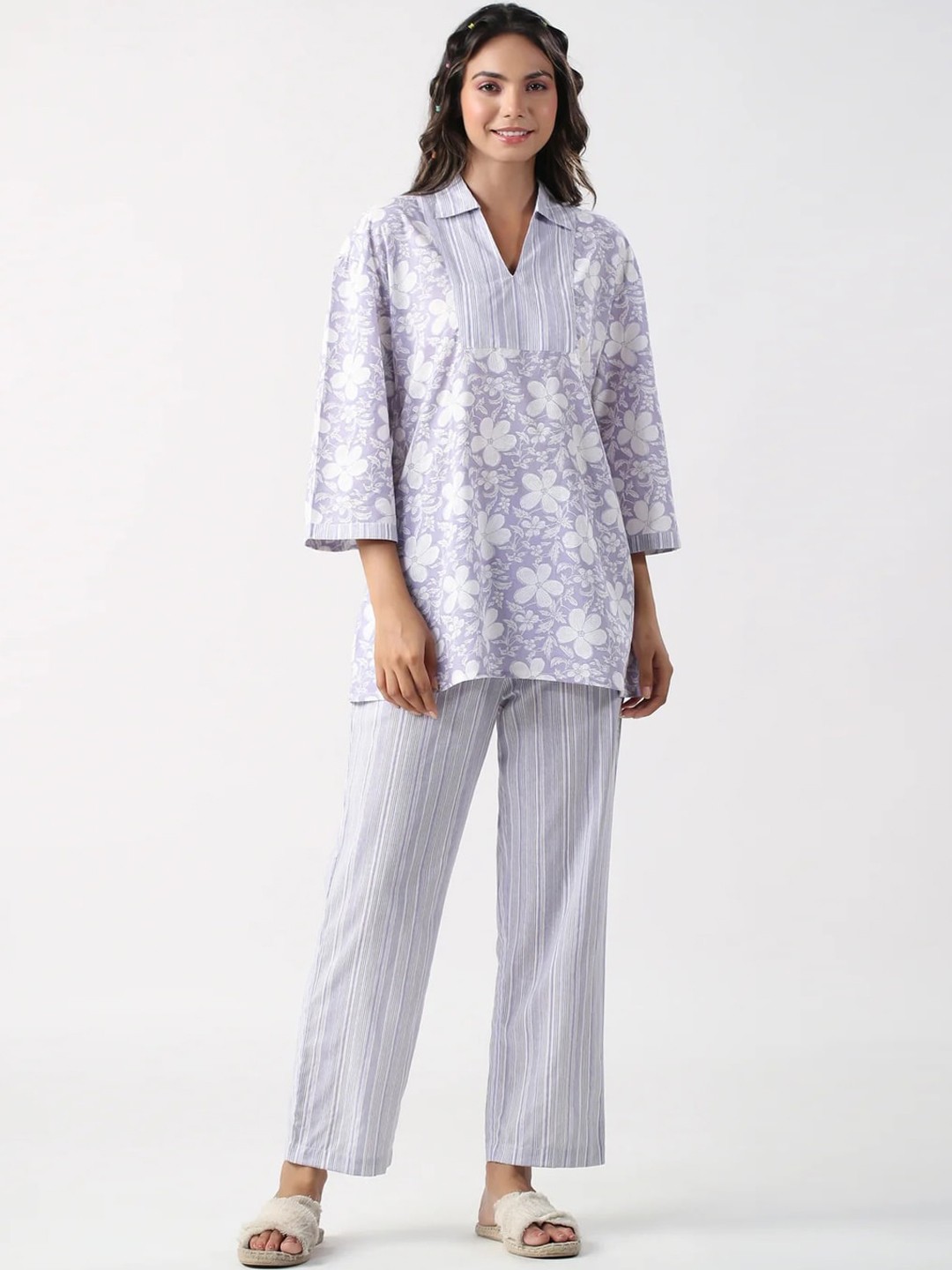 

Siya Fashion Floral Printed Shirt Collar Tunic With Palazzo, Lavender