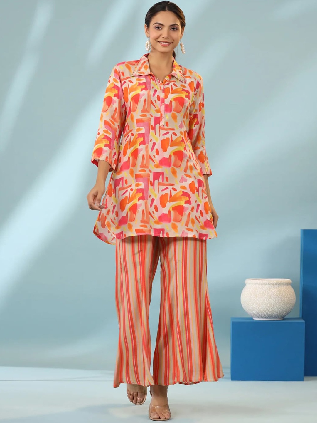 

Siya Fashion Geometric Printed Shirt Collar Tunic & Striped Palazzos, Orange