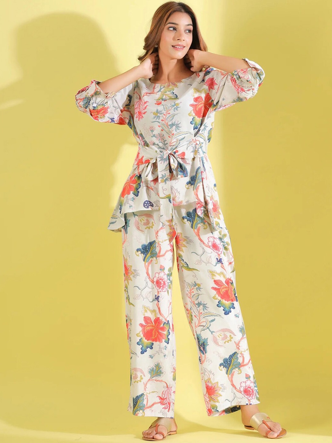 

Siya Fashion Floral Printed Top & Trouser, Off white