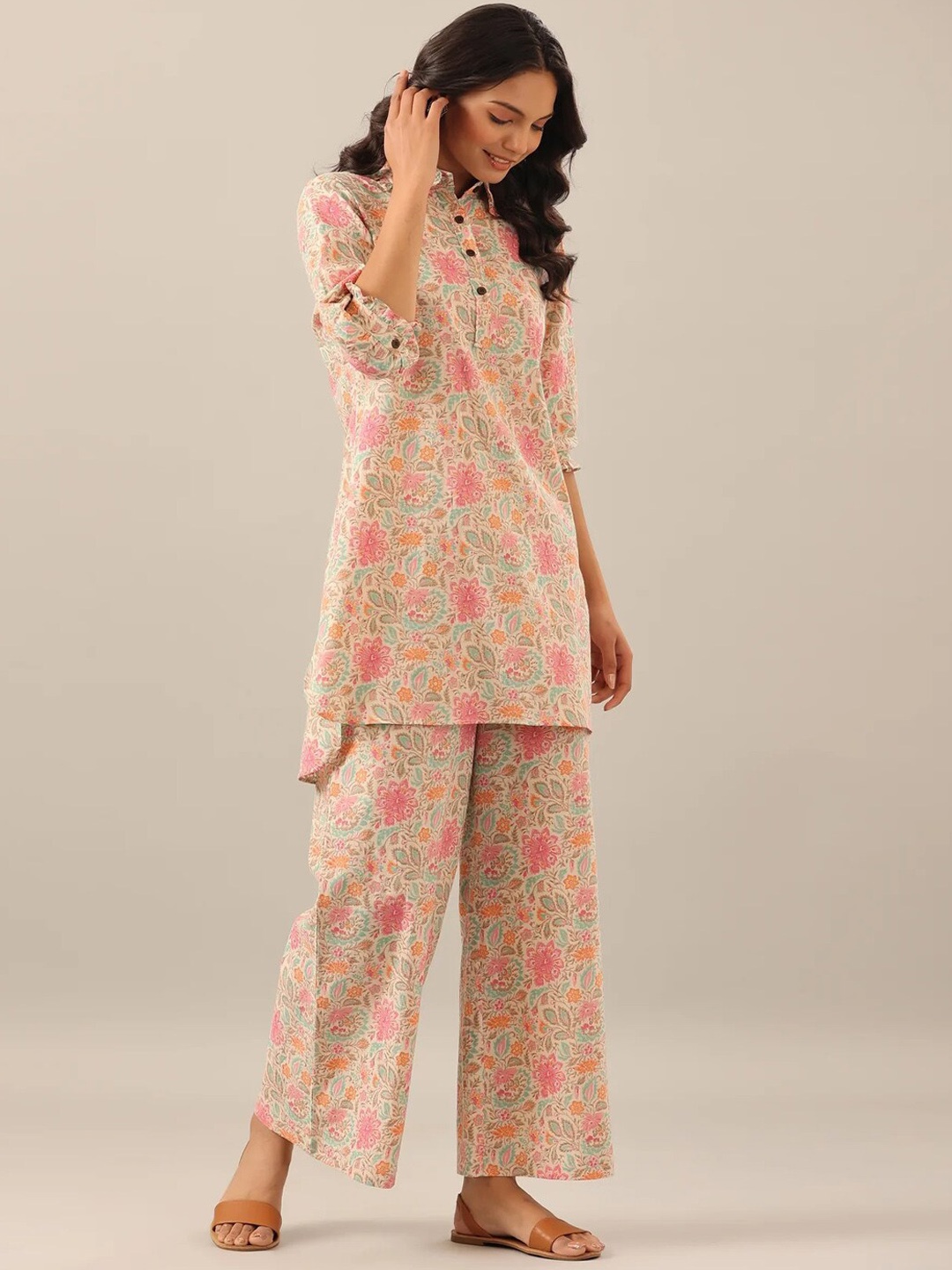 

Siya Fashion Floral Printed Shirt Collar Puff Sleeves Tunic With Palazzos, Cream