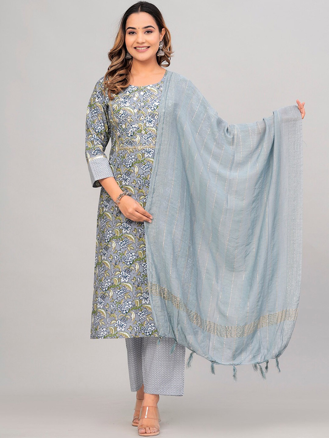 

ANJAYA Floral Printed Regular Pure Cotton Kurta With Trousers & Dupatta, Grey