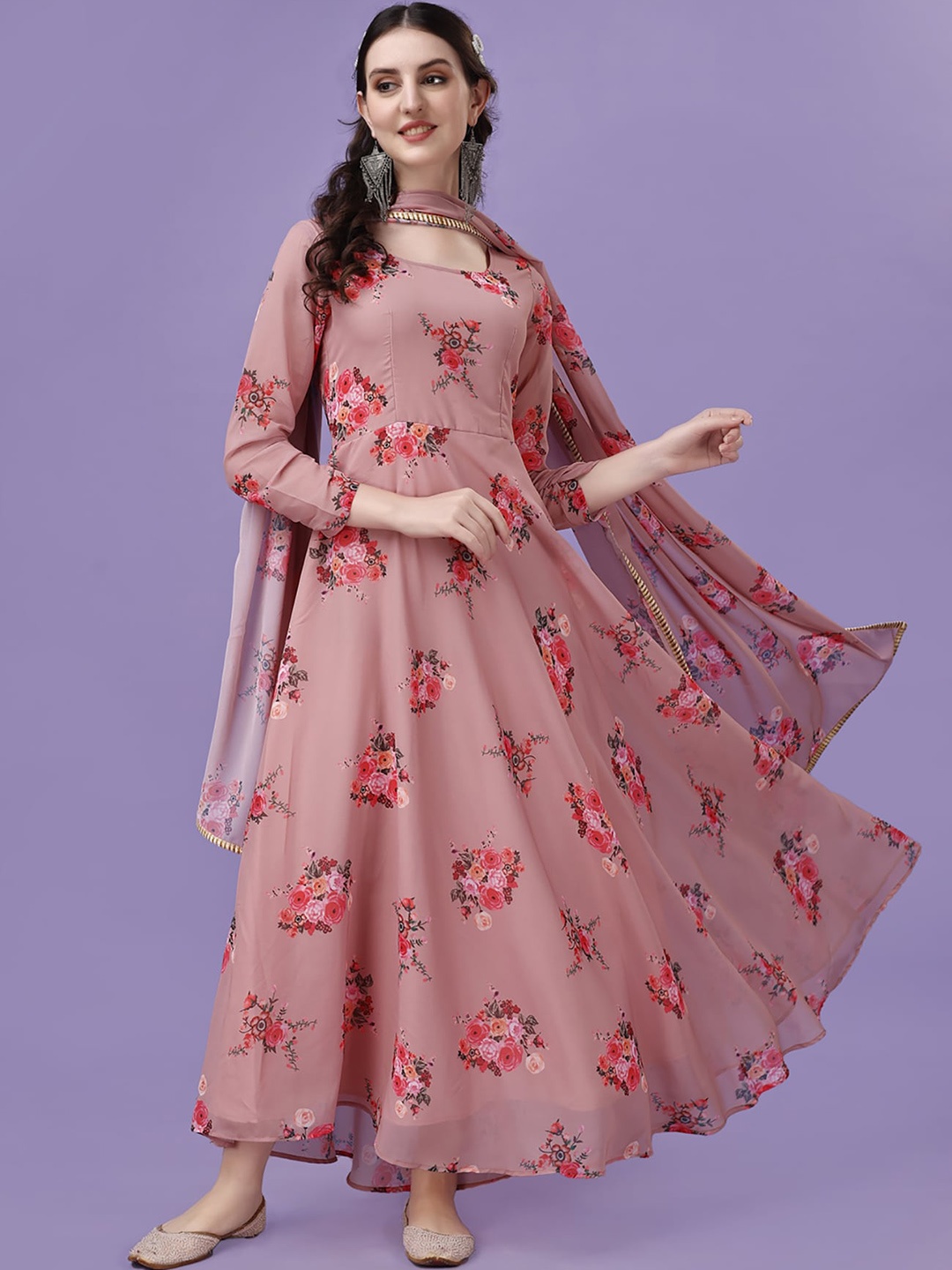 

Kedar Fab Floral Printed Round Neck Georgette Anarkali Kurta With Dupatta, Beige