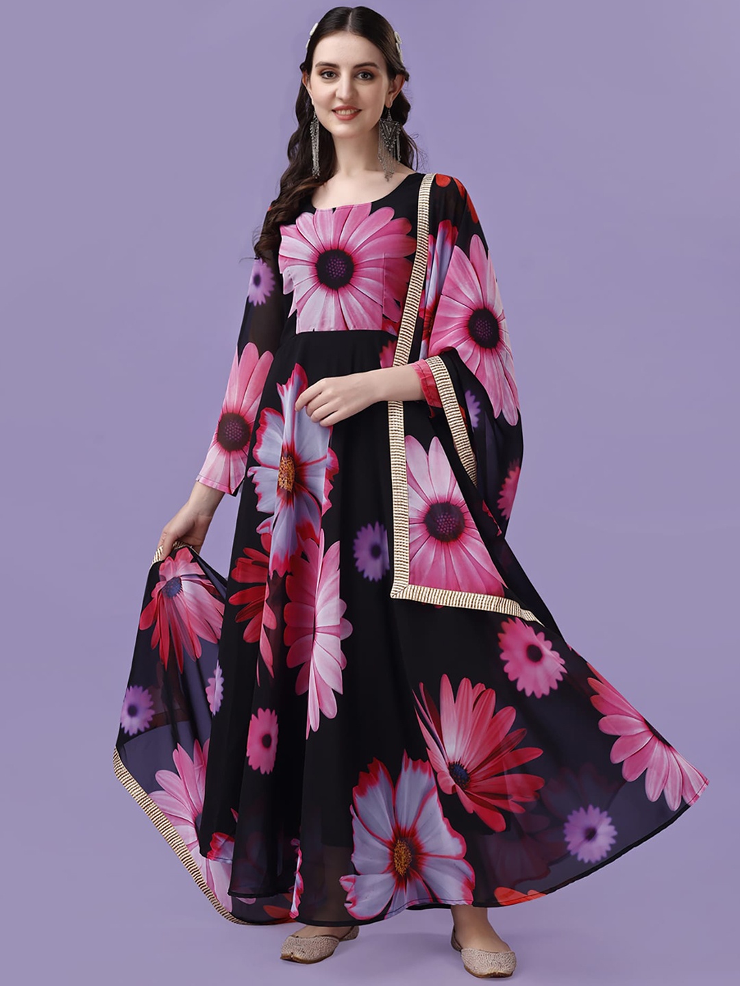 

Kedar Fab Floral Printed Georgette Anarkali Kurta And Dupatta, Black