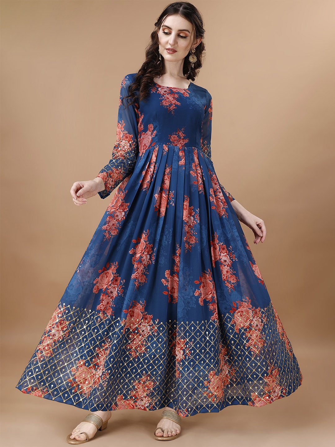 

Kedar Fab Floral Printed Gotta Patti Georgette Anarkali Kurta, Blue