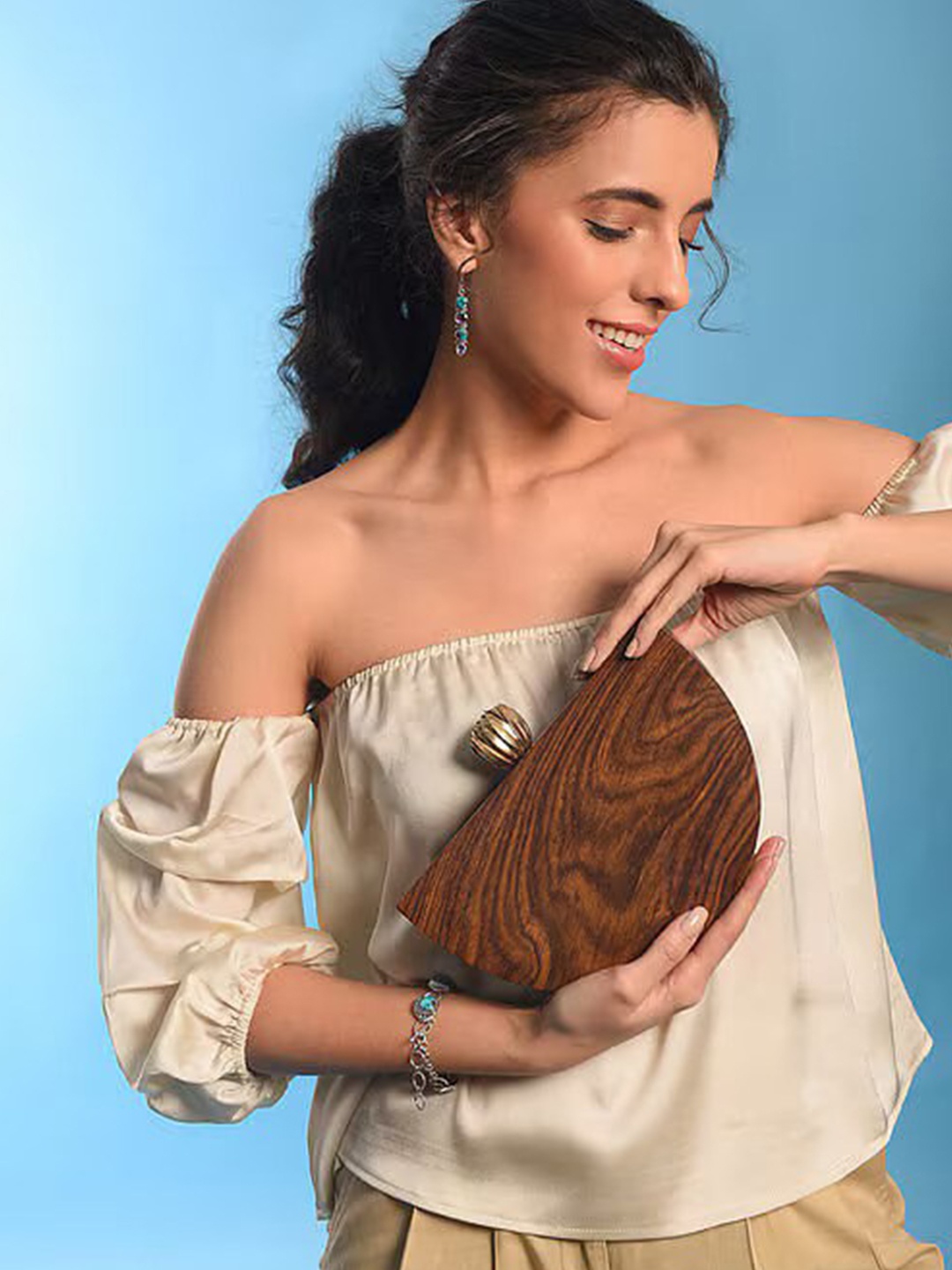 

Jalwa Art Textured Wooden Box Clutch, Brown