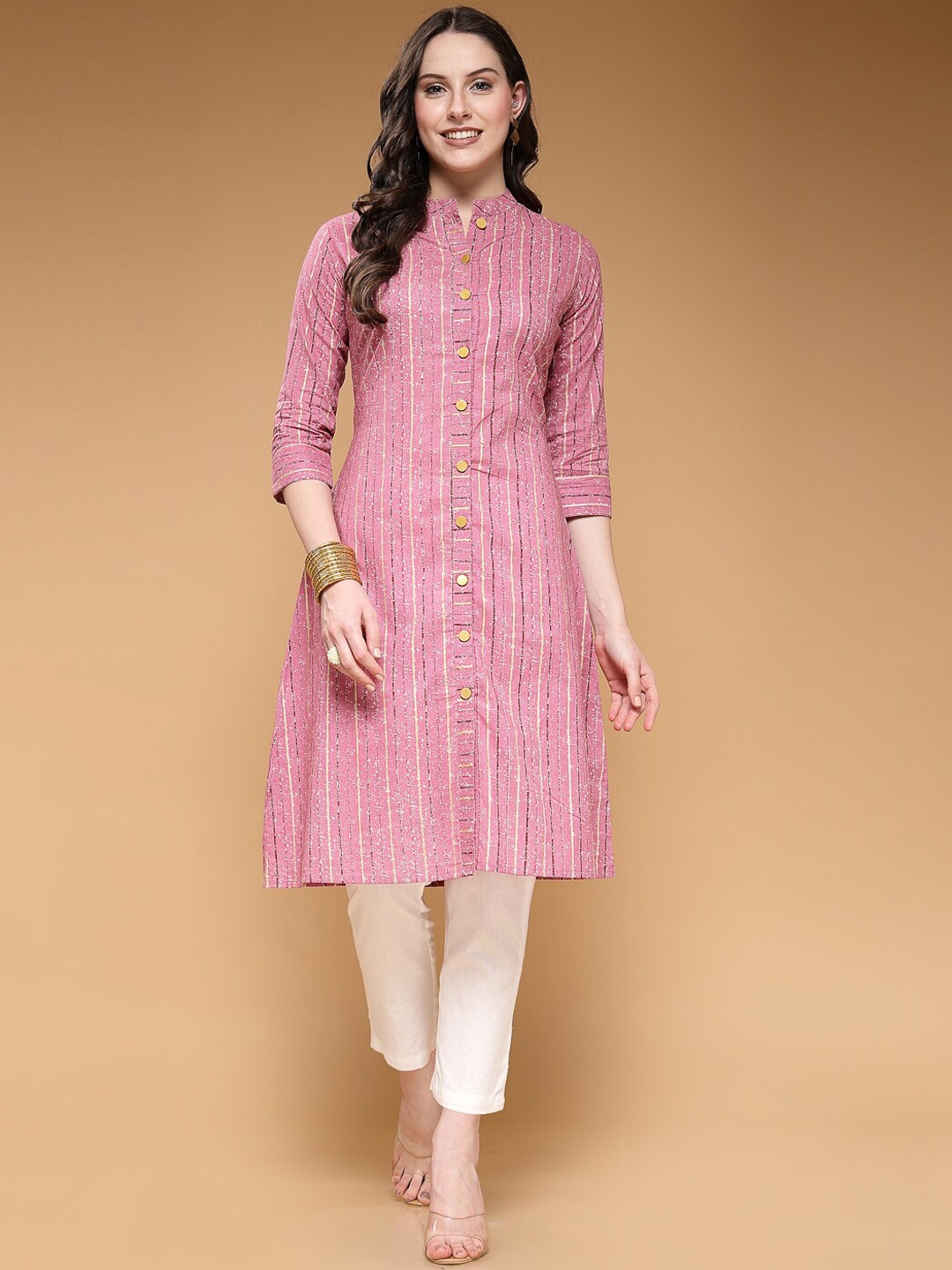 

LARGISH Striped Mandarin Collar Cotton Kurta, Pink