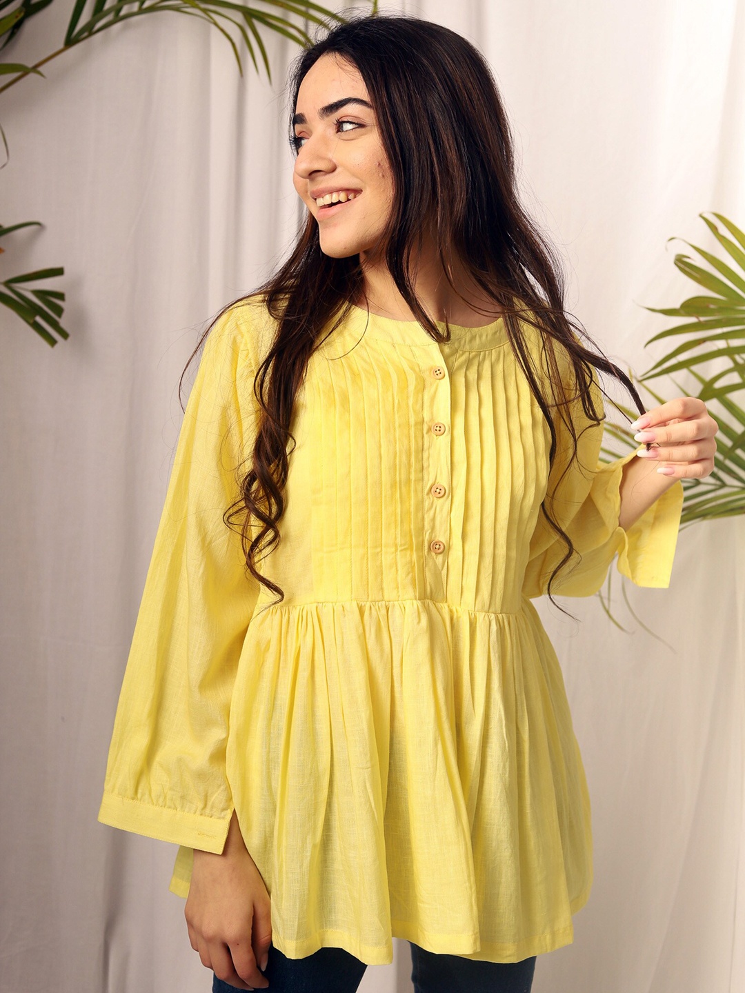 

SPARROW Striped Round Neck Gathered or Pleated Cotton Peplum Top, Yellow