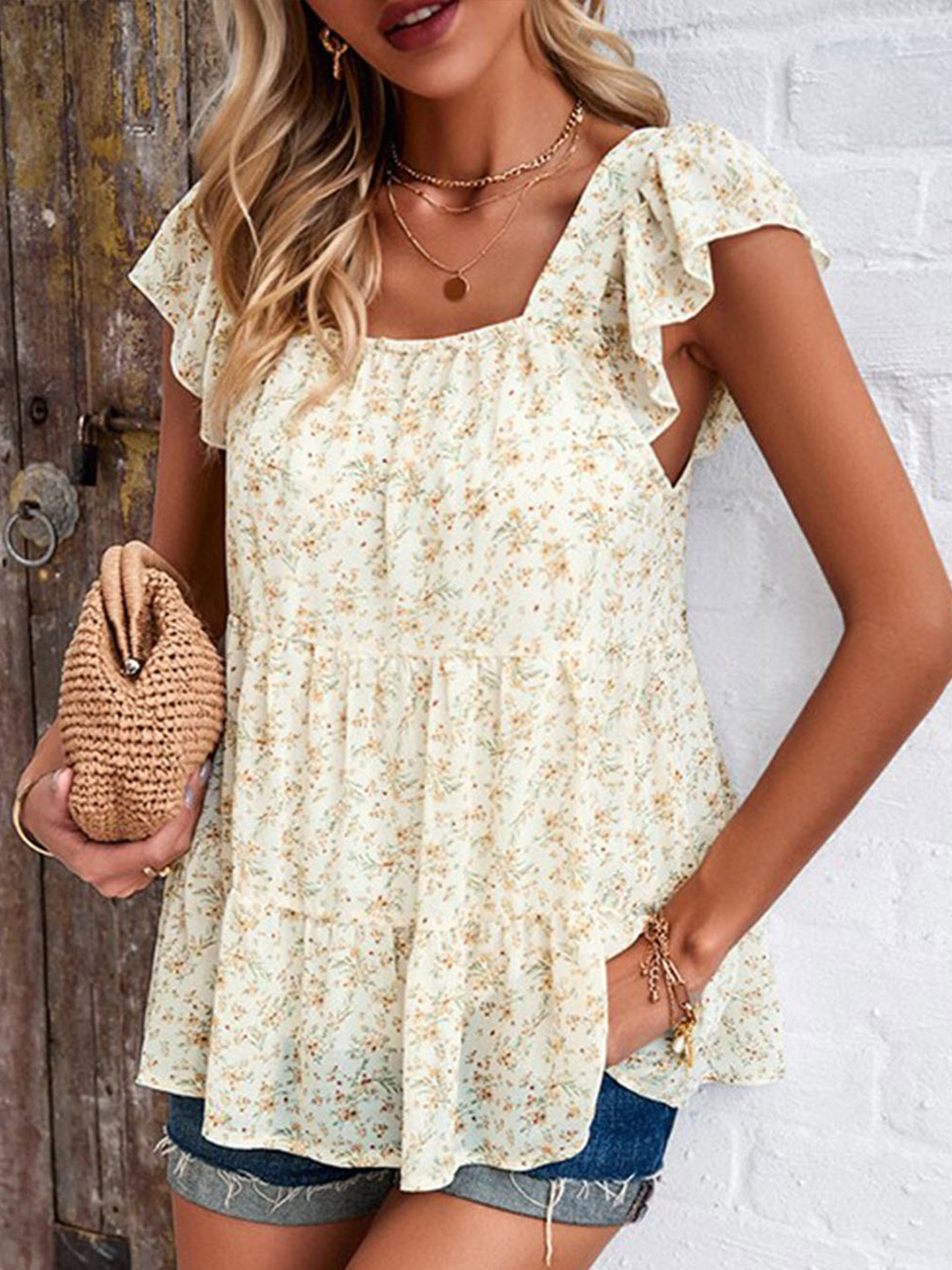 

StyleCast x Revolte Floral Printed Square Neck Flutter Sleeve A-Line Top, Beige
