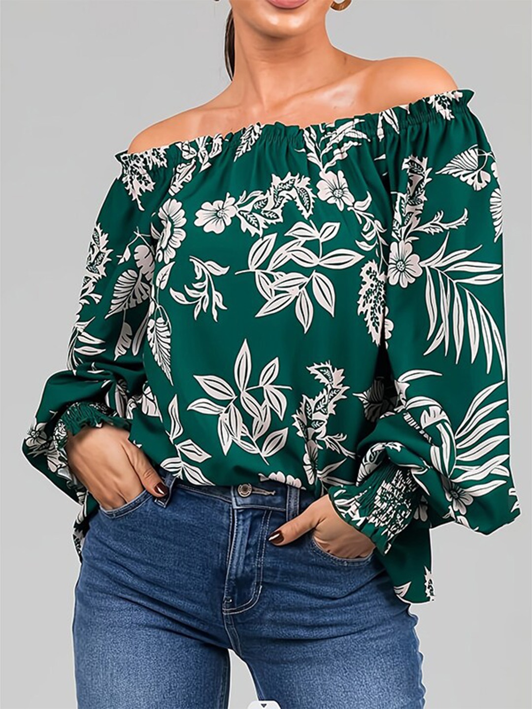 

StyleCast x Revolte Floral Printed Off-Shoulder Bardot Top, Green