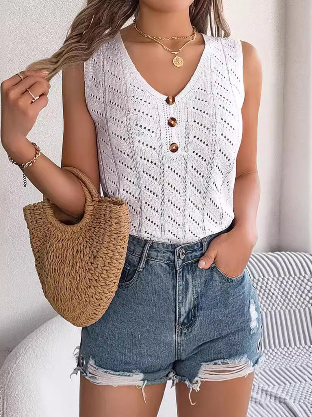 

StyleCast x Revolte White Crochet Shirt Style Top