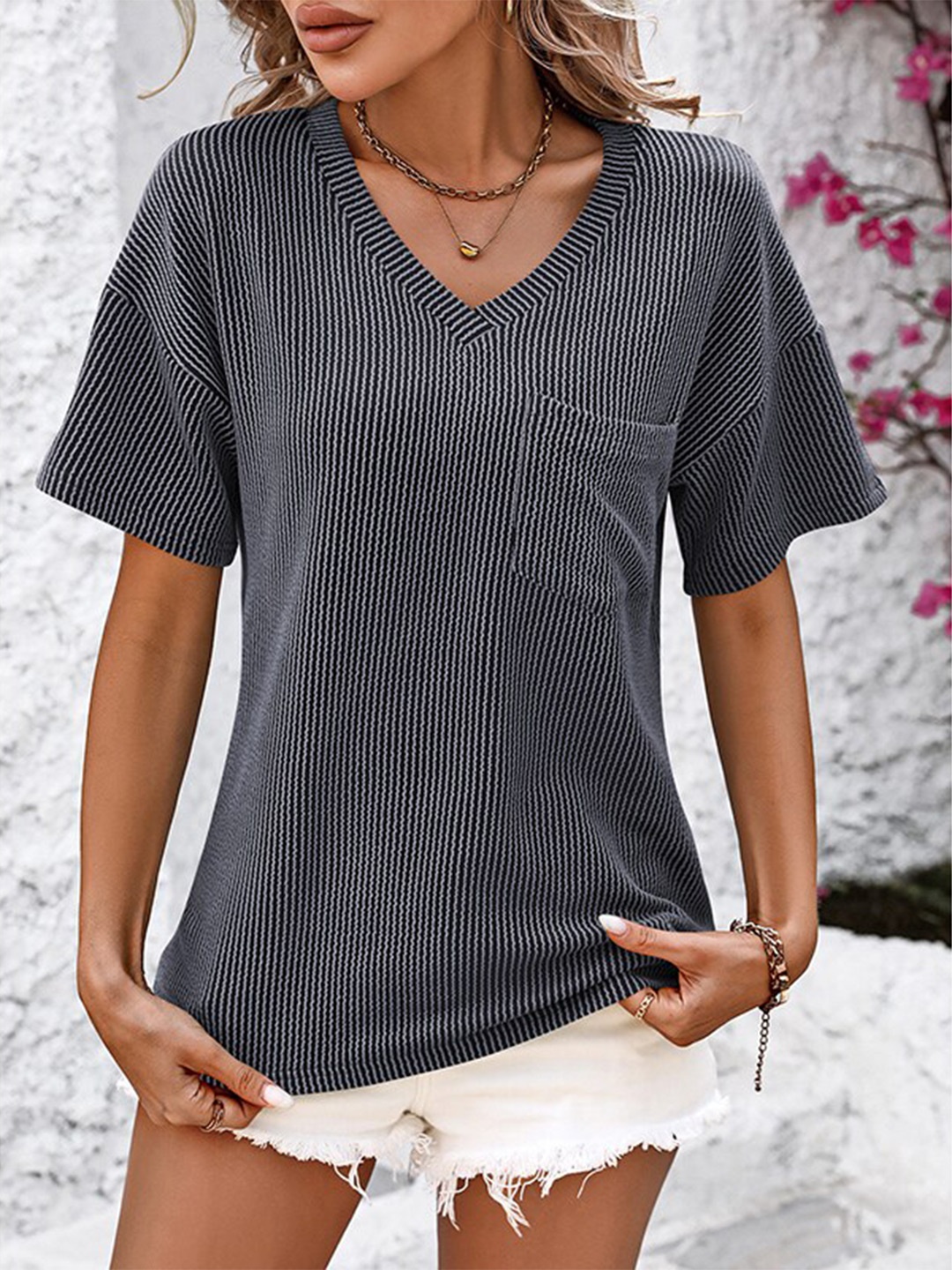 

StyleCast x Revolte Grey V Neck Striped Top