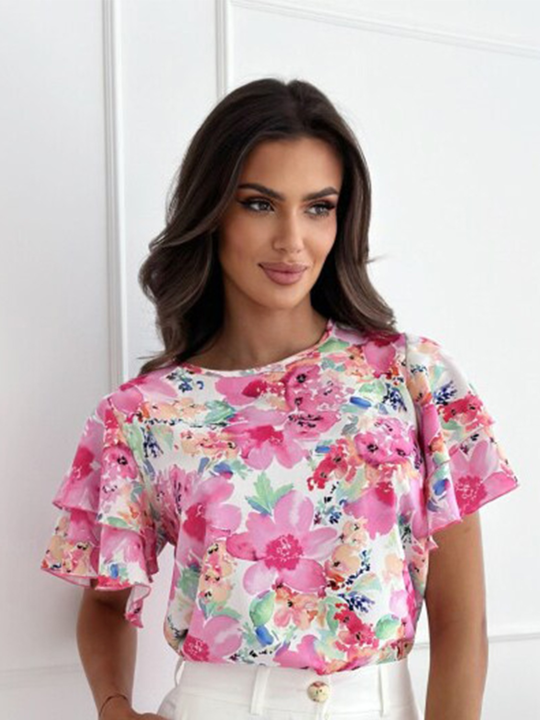 

StyleCast x Revolte Pink Floral Printed Flared Sleeve Cape Top