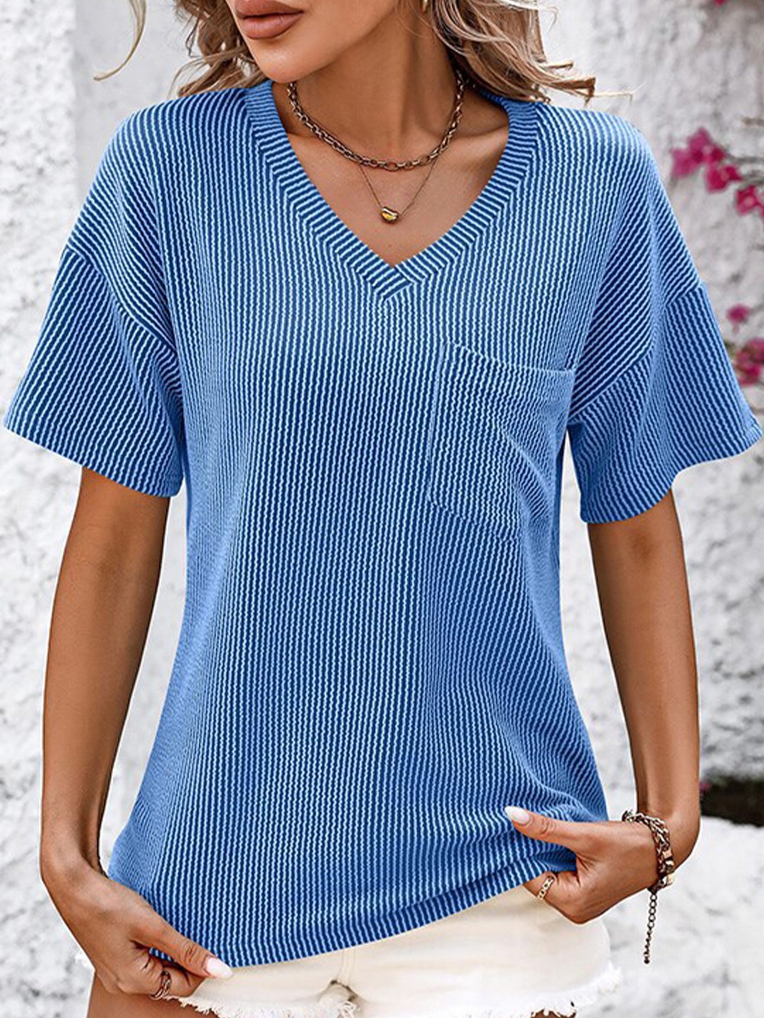 

StyleCast x Revolte Striped V-Neck Drop-Shoulder Sleeves T-shirt, Blue