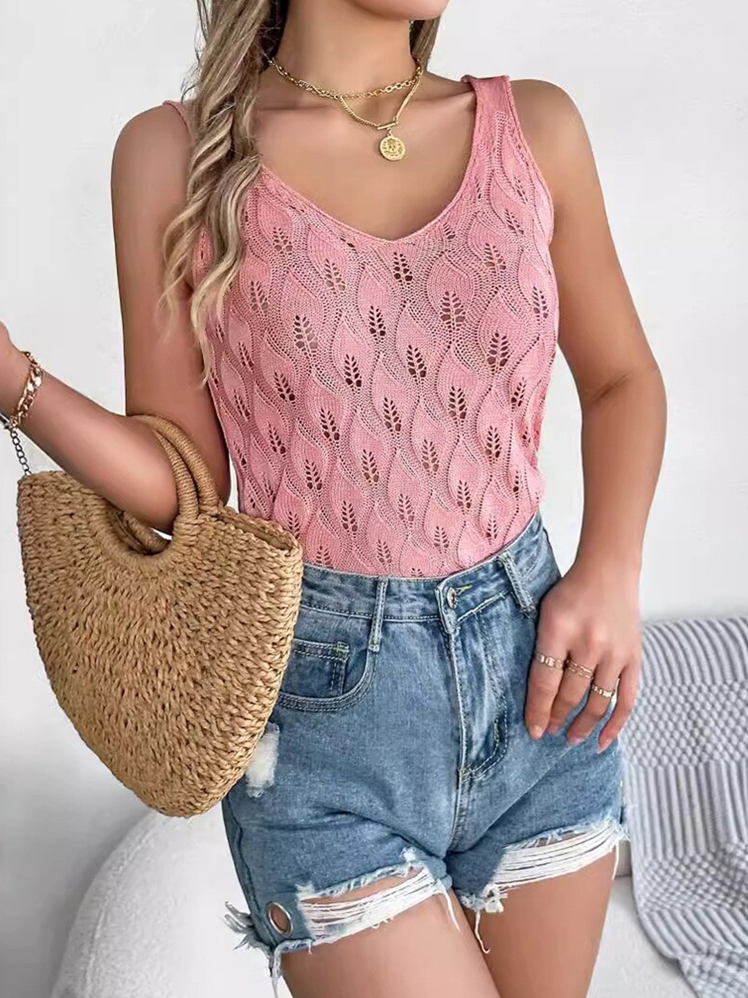 

StyleCast x Revolte Self Design V-Neck Sleeveless Cotton Crochet Top, Pink