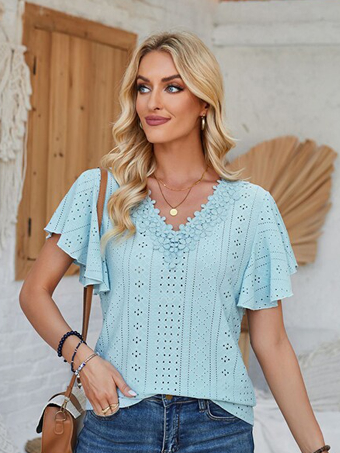 

StyleCast x Revolte Blue V-Neck Flutter Sleeve Top