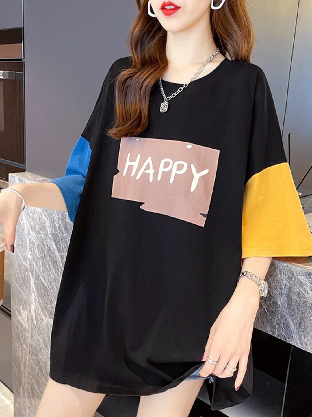 

StyleCast x Revolte Typography Printed Round Neck Three-Quarter Sleeves Top, Black