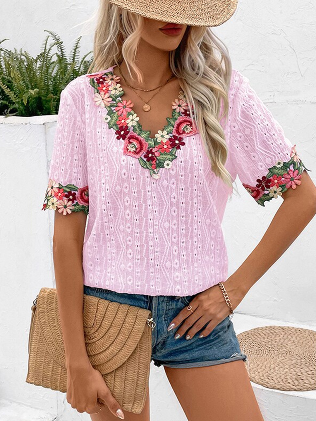 

StyleCast x Revolte Geometric Embroidered V-Neck Linen Semi Sheer Casual Top, Pink