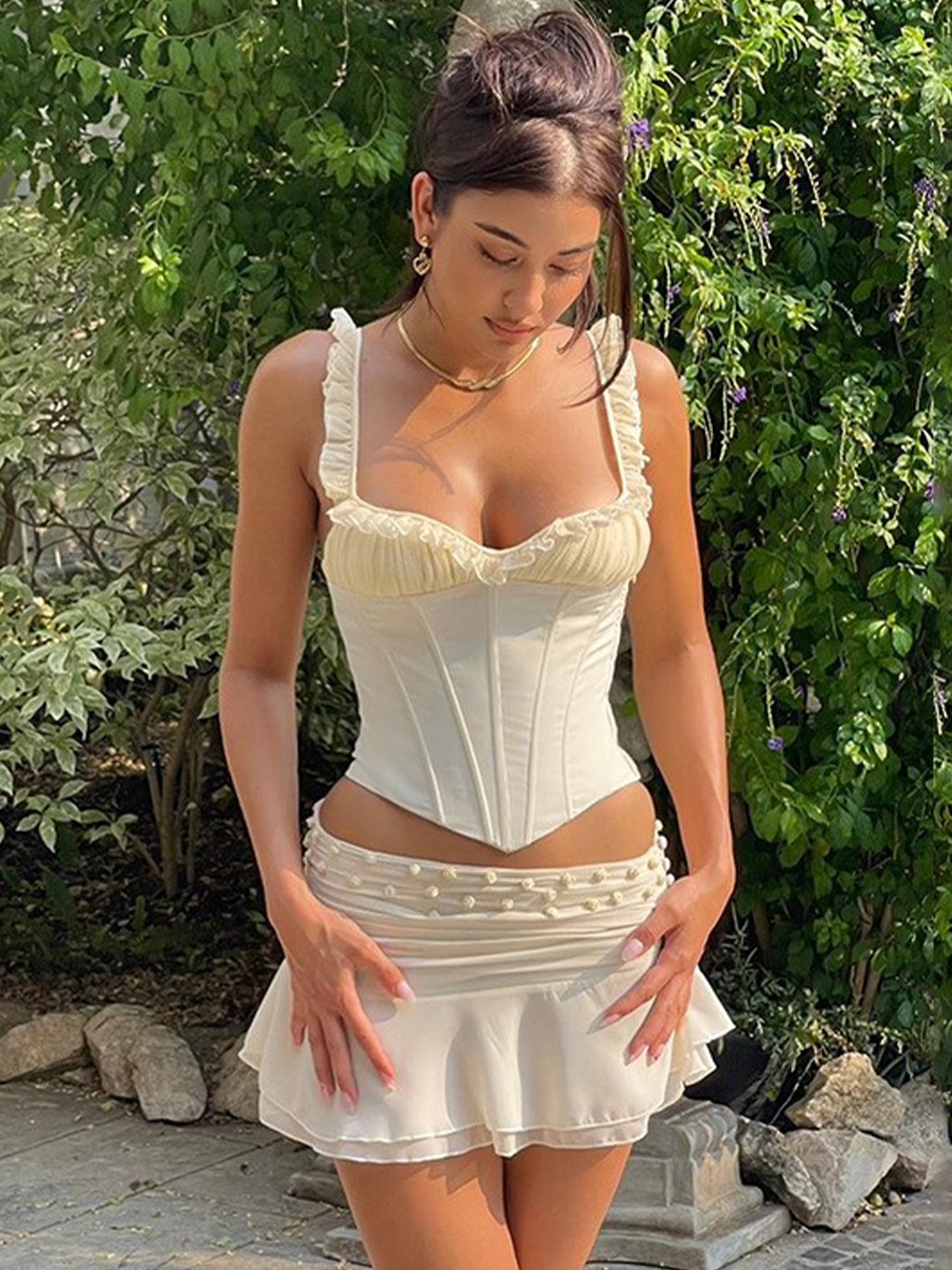 

StyleCast x Revolte White Self Design Net Corset Top, Beige