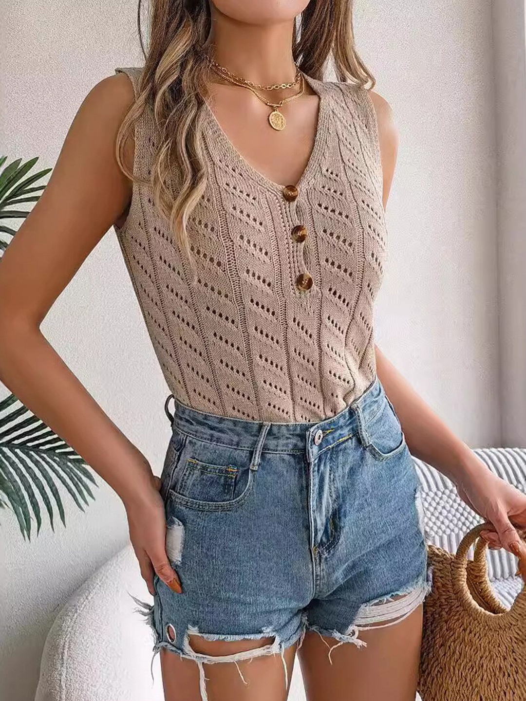 

StyleCast x Revolte V-Neck Striped Crochet Top, Khaki