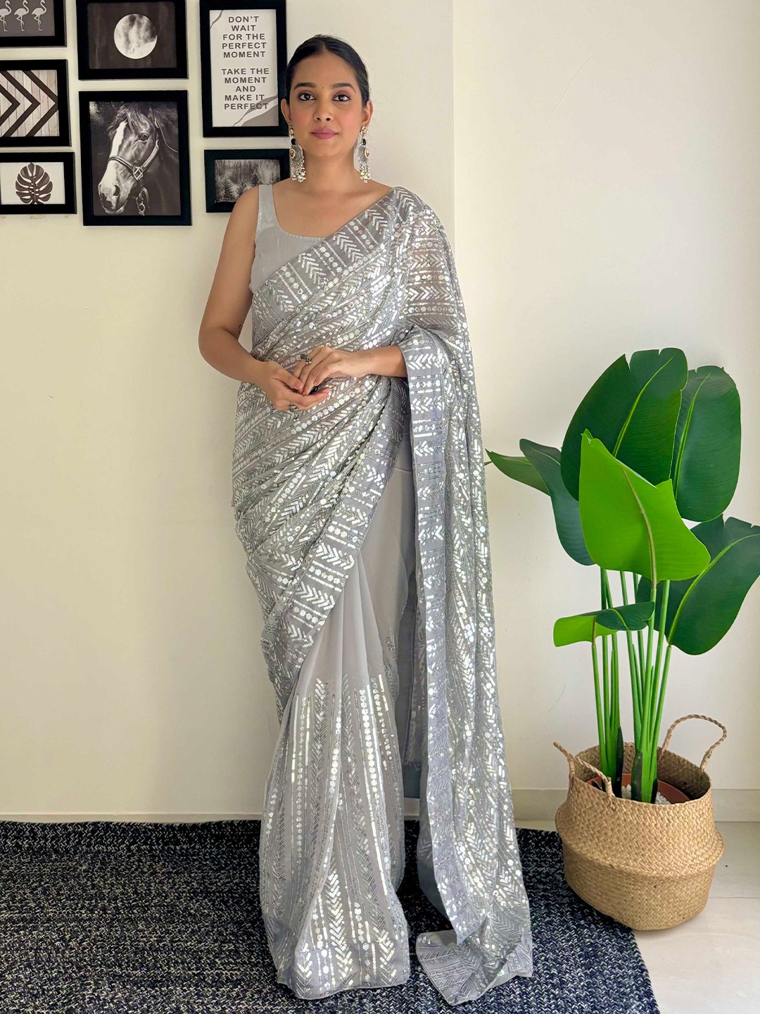 

Mitera Embellished Sequinned Saree, Grey