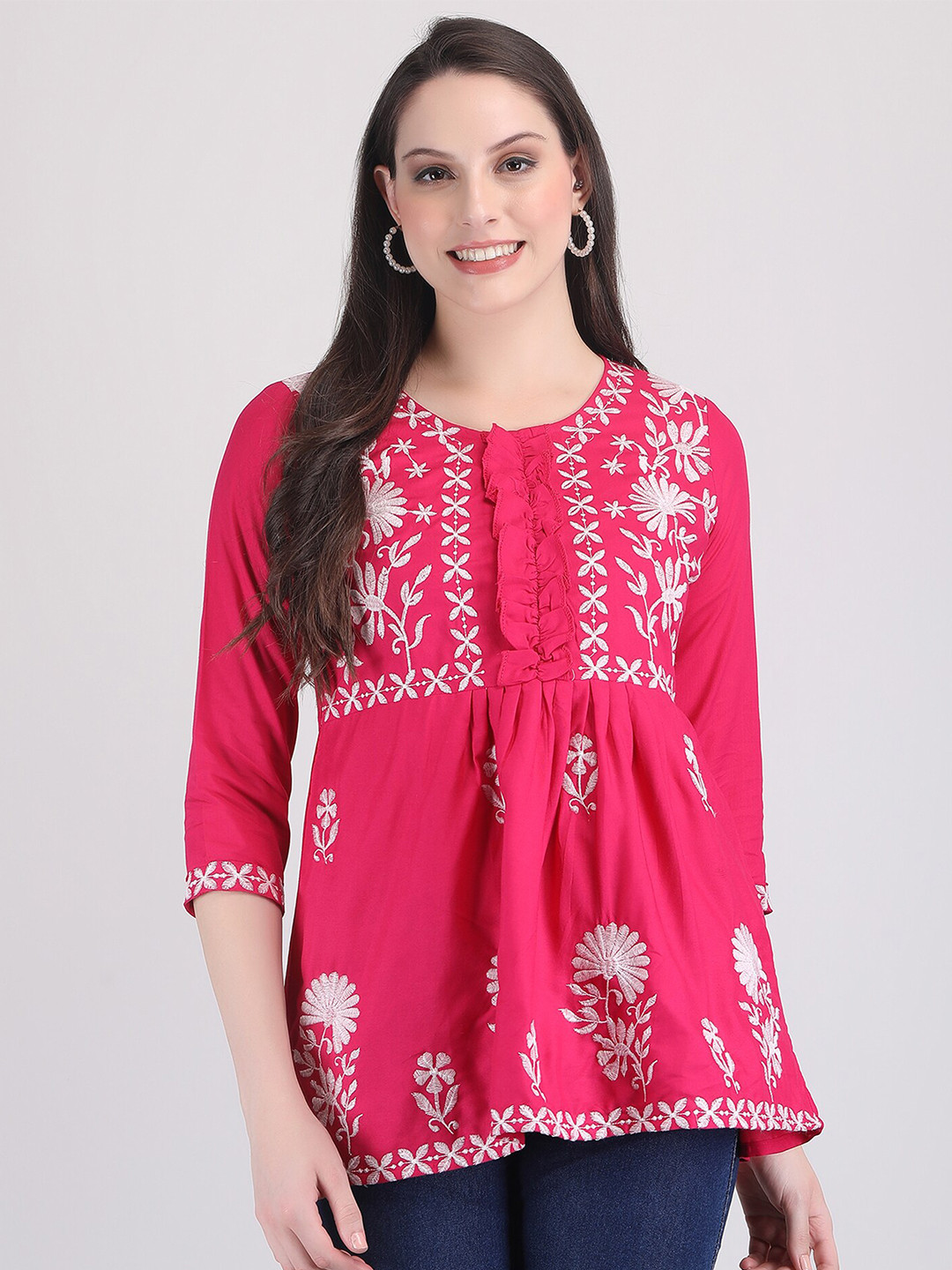 

ANUTTARA FASHIONS Floral Embroidered Round Neck Empire Top, Pink