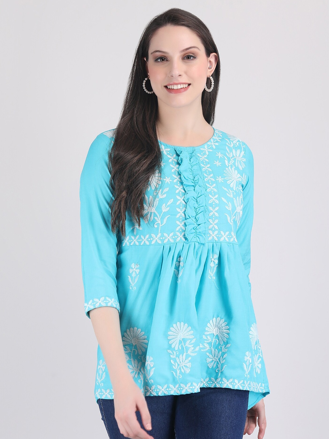 

ANUTTARA FASHIONS Floral Embroidered Round Neck Top, Turquoise blue