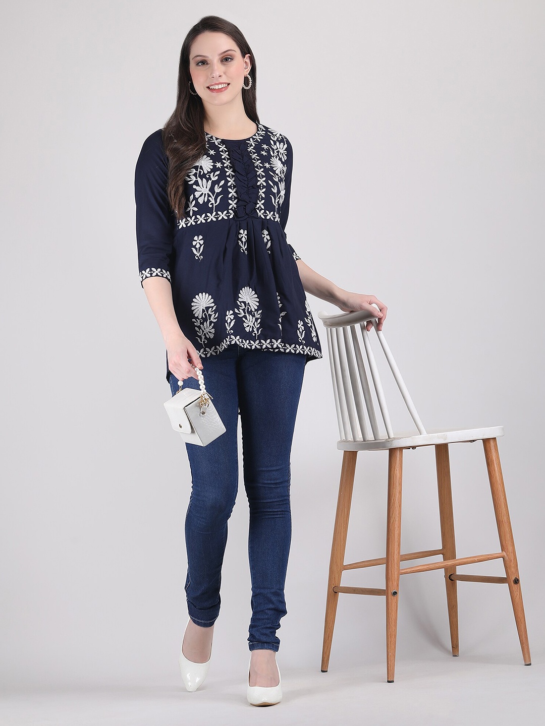 

ANUTTARA FASHIONS Floral Embroidered Top, Blue