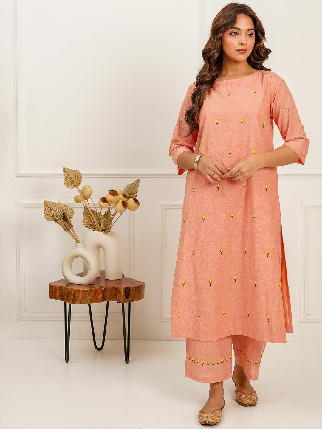 SPARROW Floral Embroidered Cotton A-Line Kurta, Peach