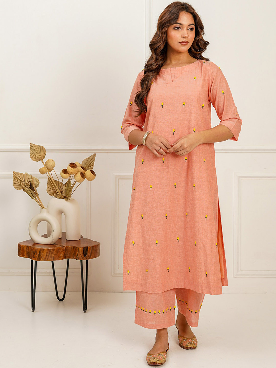 

SPARROW Floral Embroidered Thread Work Boat Neck Pure Cotton Straight Kurta With Trousers, Peach