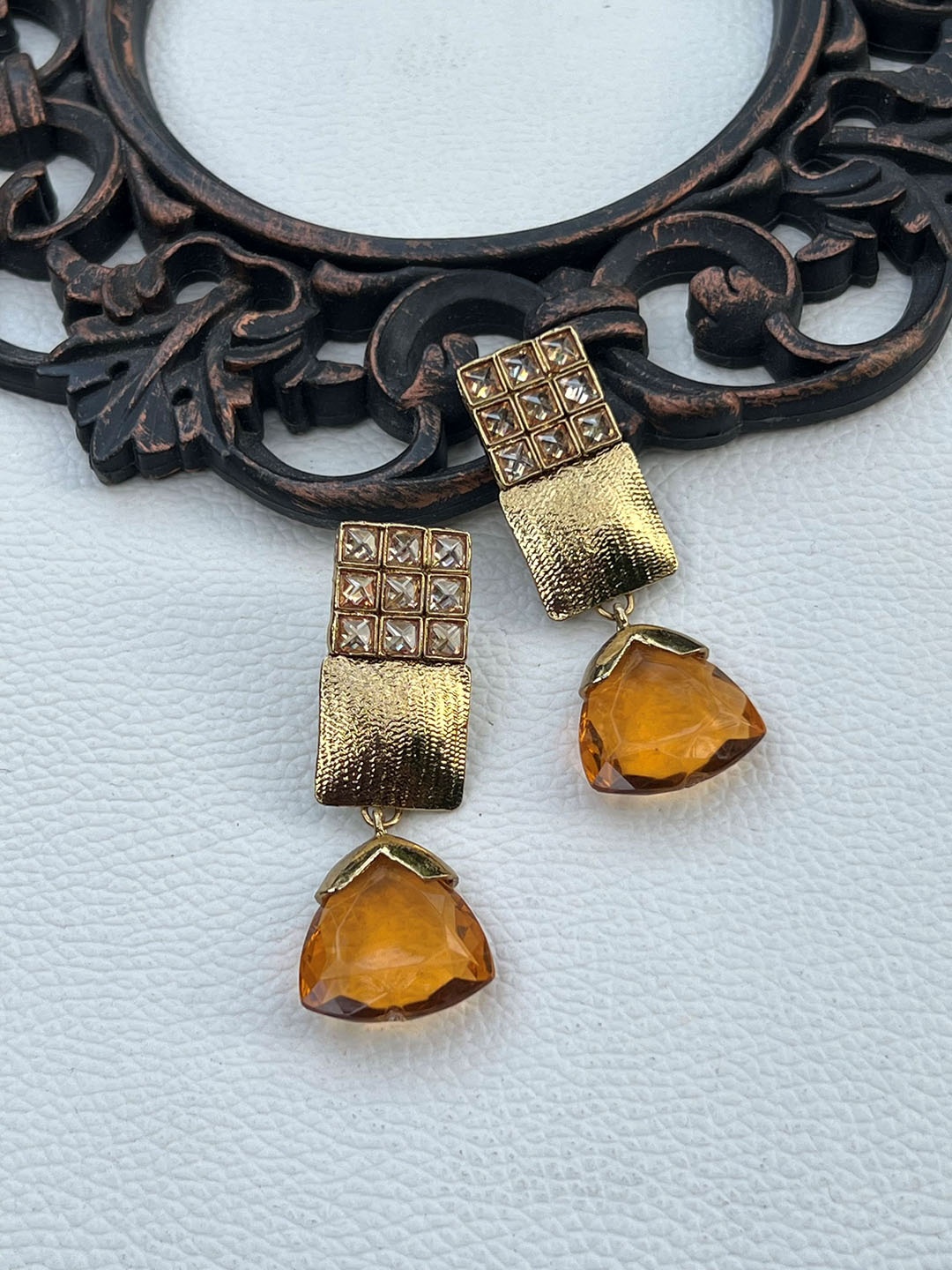 

Prettilicious Gold-Plated Stone-Studded & Beaded Contemporary Drop Earrings, Mustard