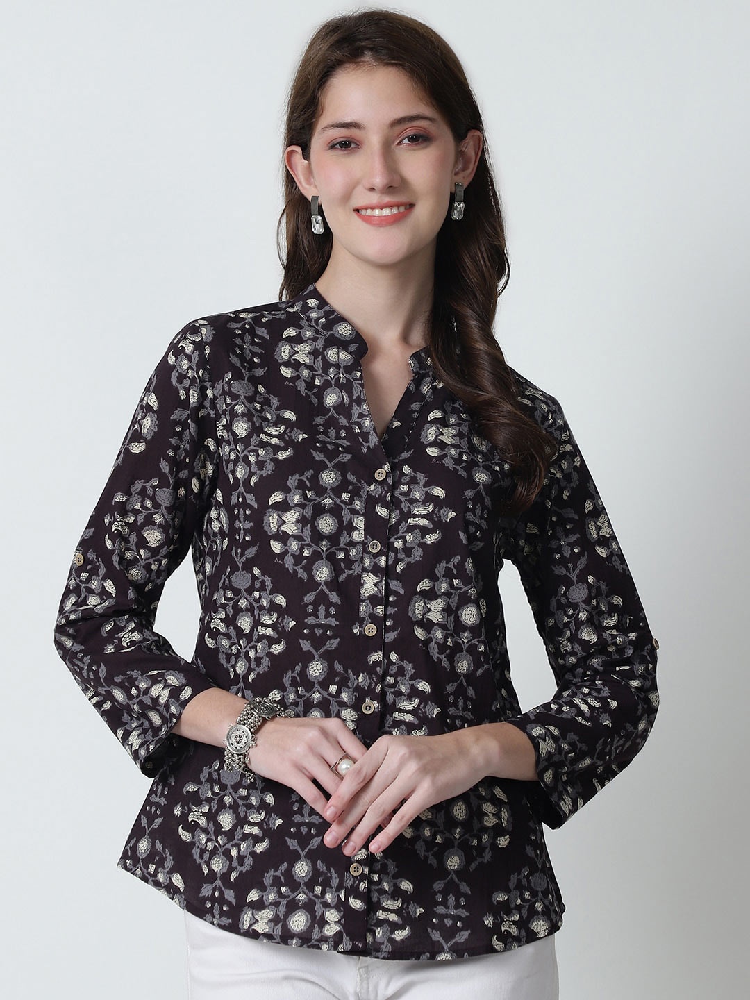 

Frempy Floral Print Mandarin Collar Cotton Top, Coffee brown