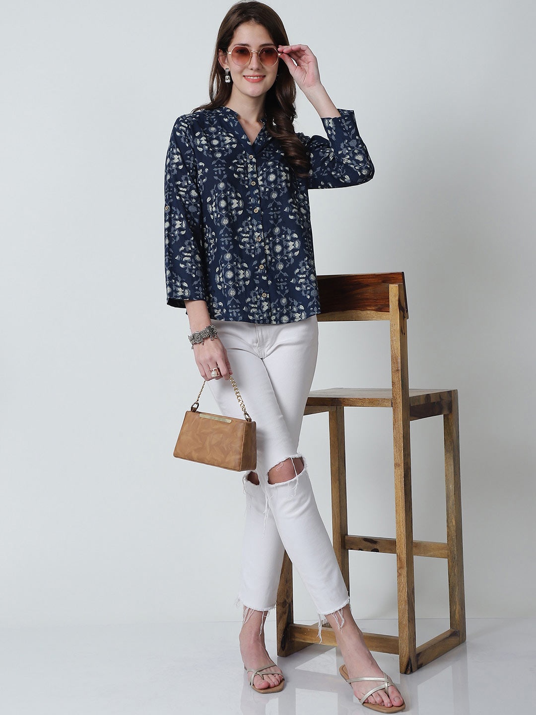 

Frempy Floral Print Mandarin Collar Pure Cotton Top, Navy blue