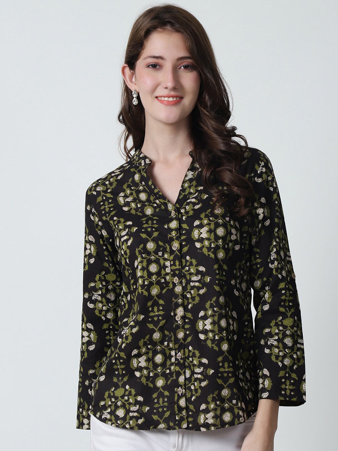 

Frempy Floral Print Mandarin Collar Cotton Shirt Style Top, Brown