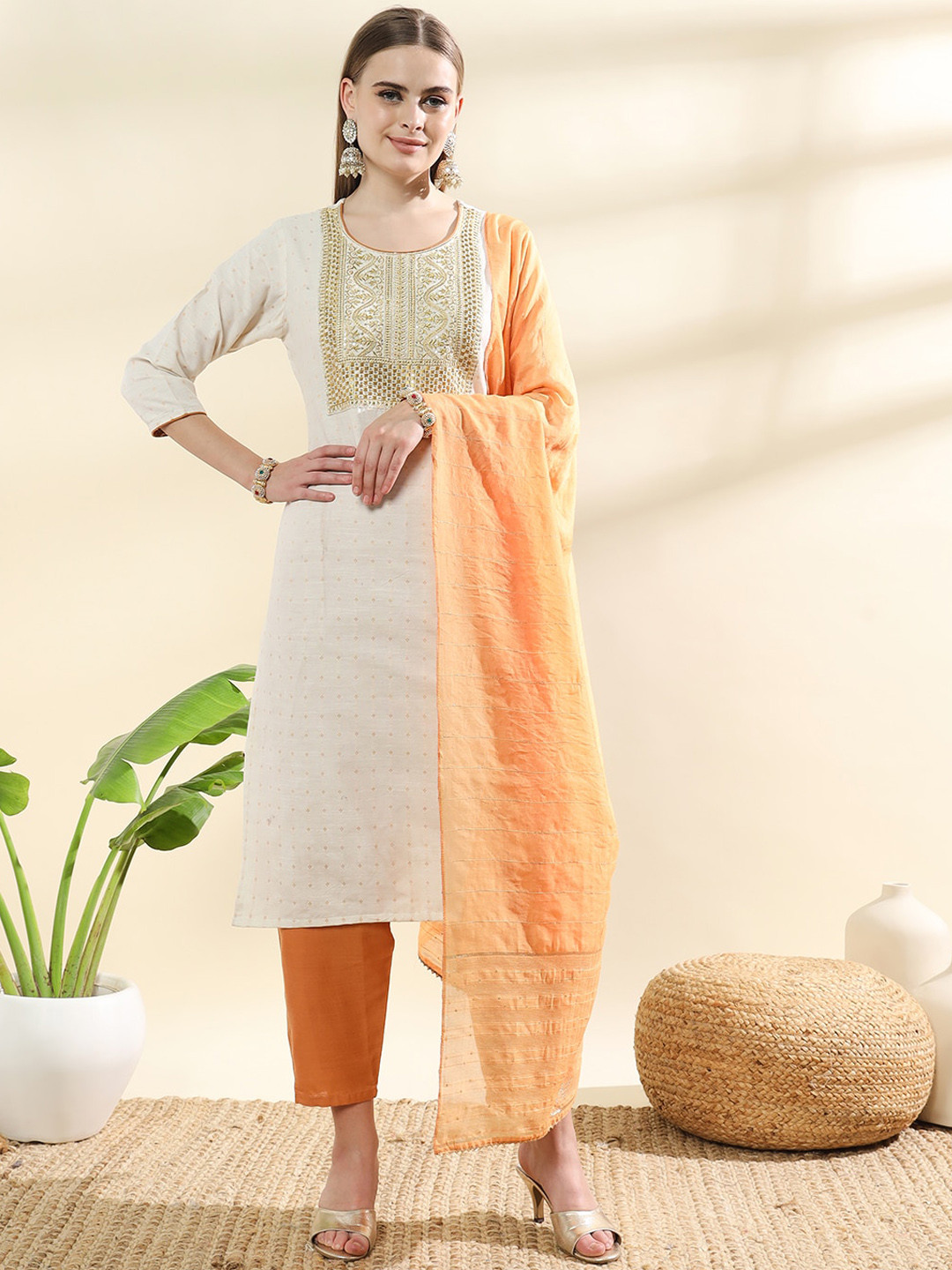 

KALINI Floral Embroidered Regular Straight Kurta With Trousers & Dupatta, Orange