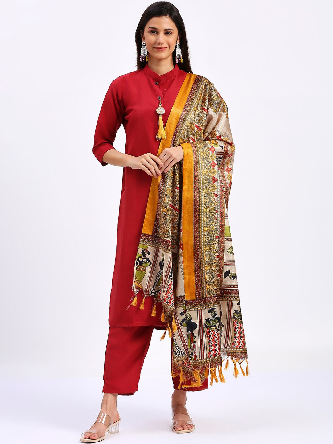 

KALINI Mandarin Collar Regular Cotton Silk Straight Kurta with Trousers & Dupatta, Maroon