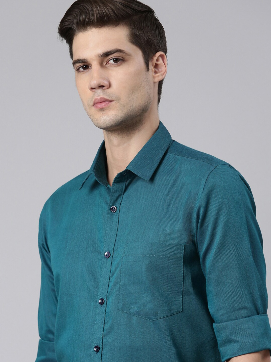 

THE SOUL PATROL Slim Fit Long Sleeves Spread Collar Cotton Opaque Formal Shirt, Teal