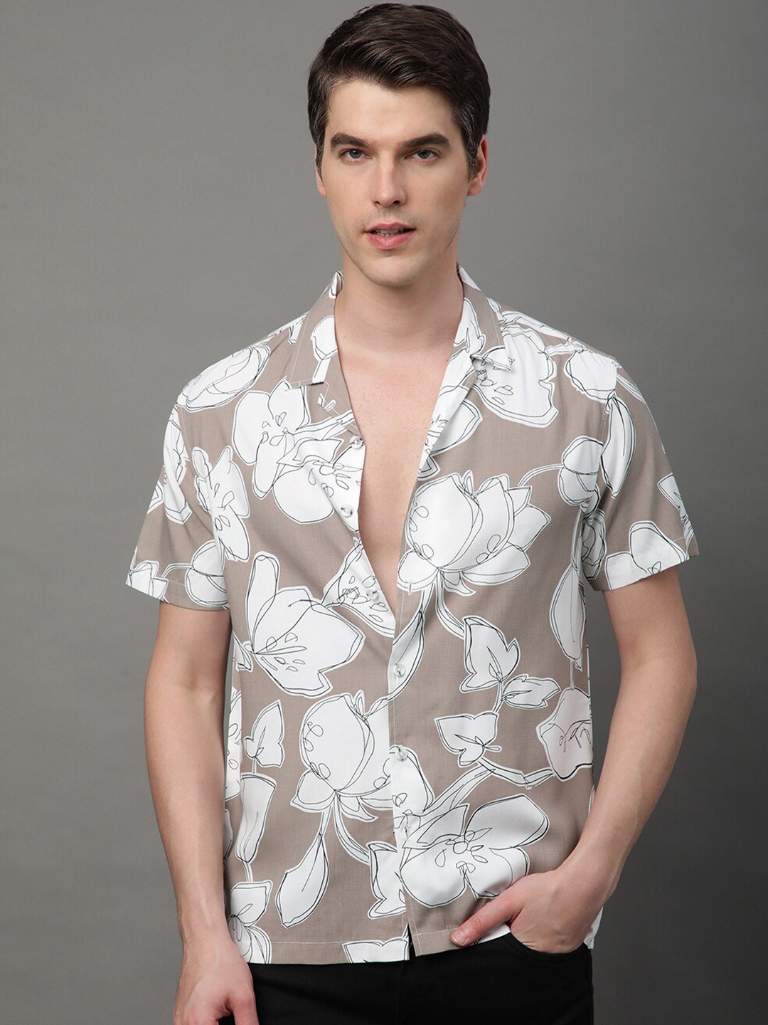 

Voroxy Relaxed Floral Printed Opaque Casual Shirt, Brown
