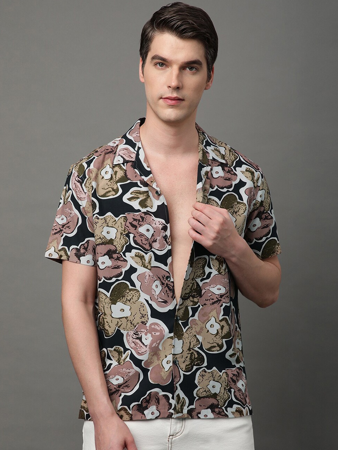 Voroxy Relaxed Floral Printed Cuban Collar Opaque Casual Shirt, Brown
