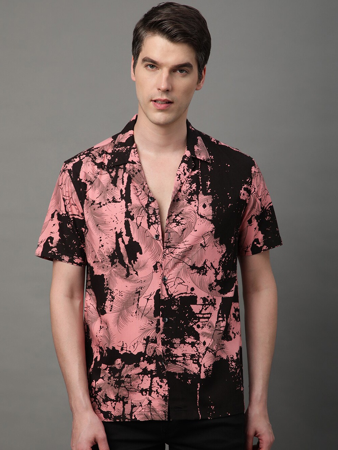 Voroxy Relaxed Abstract Printed Opaque Casual Shirt, Peach