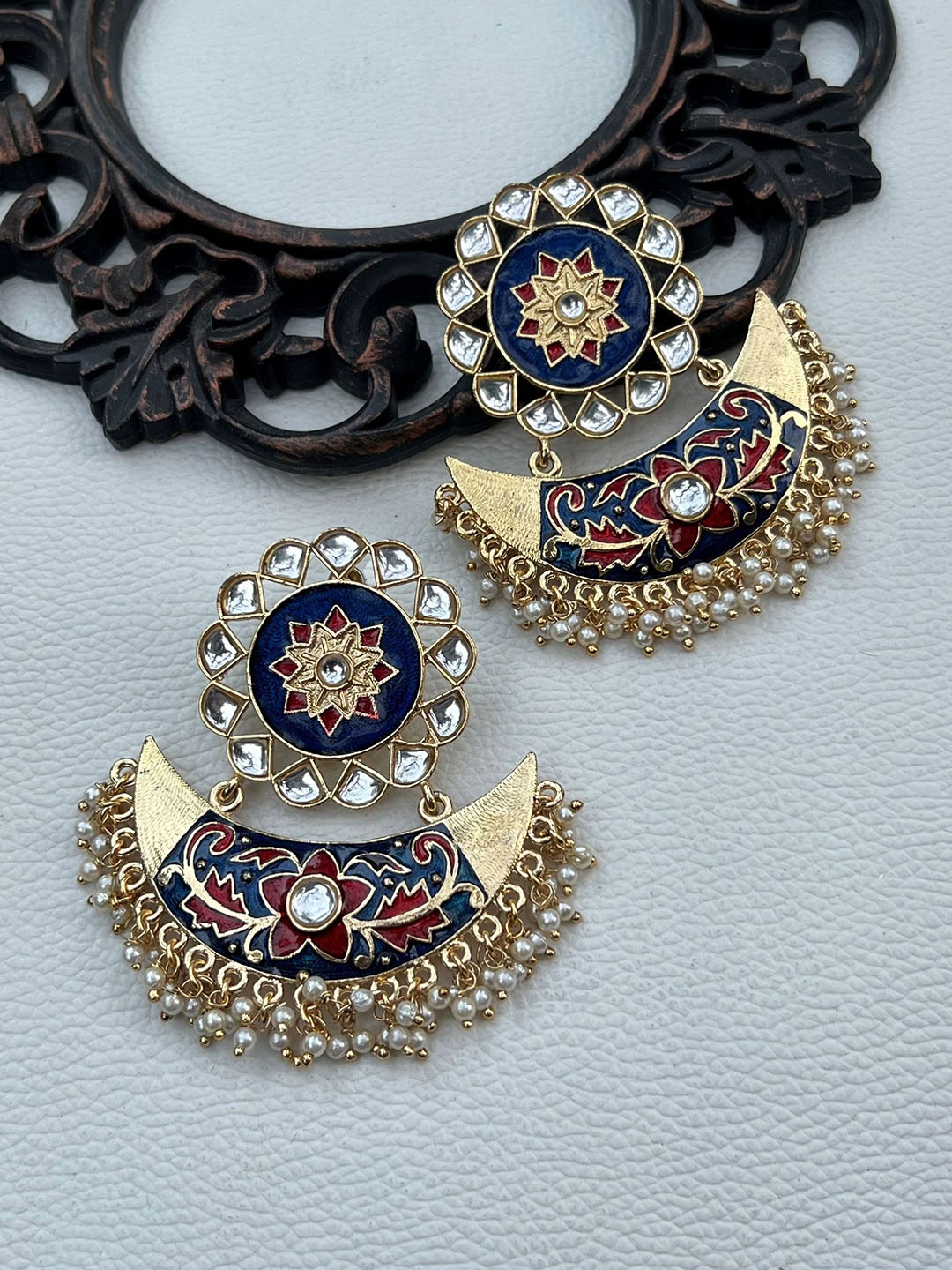 

Prettilicious Gold-Plated Stone-Studded & Beaded Contemporary Meenakari Chandbalis, Navy blue